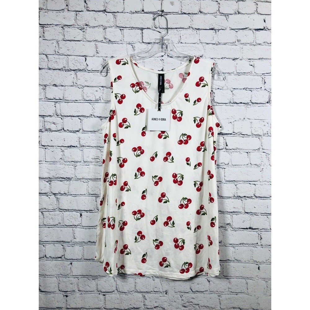 Agnes & Dora Women's Cherry Print Sleeveless Scoop Neck Tunic Top Cream Red XL